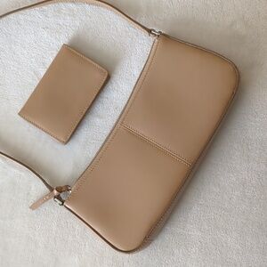 NINE WEST Leather Small Shoulder BAG Purse Petite Set 2 pc Matching Wallet Tan